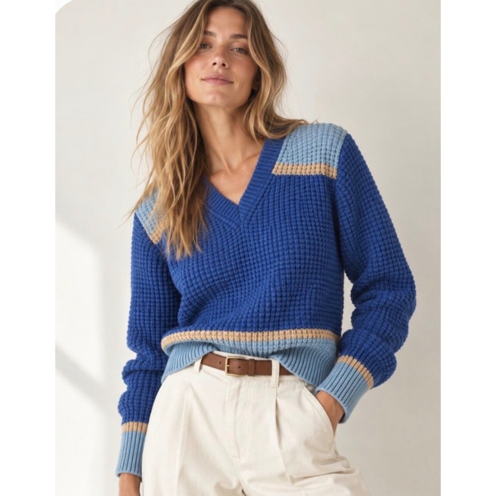 Marni x Uniqlo Women's XL Blue Waffle Knit V-Neck Colorblock Sweater Wool Blend